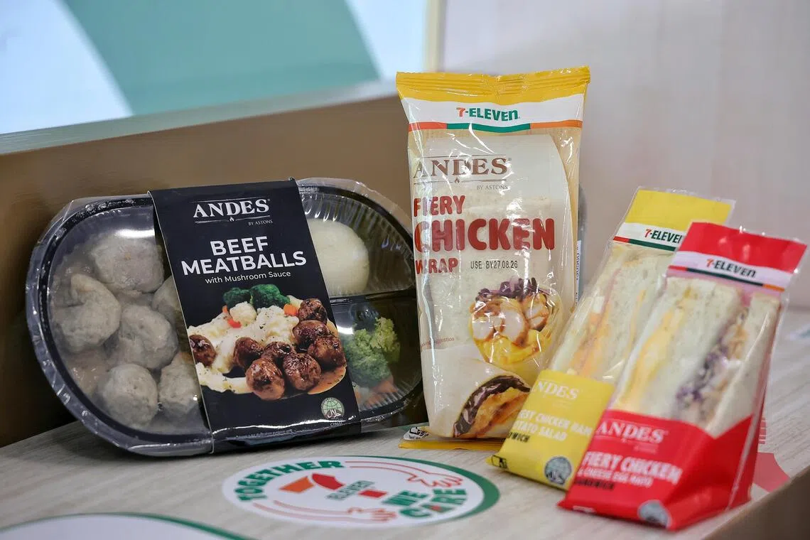 Andes by Astons’ beef meatballs, fiery chicken wrap, cheesy chicken ham and potato salad sandwich, and fiery chicken and cheese egg mayo sandwich at 7-Eleven.
