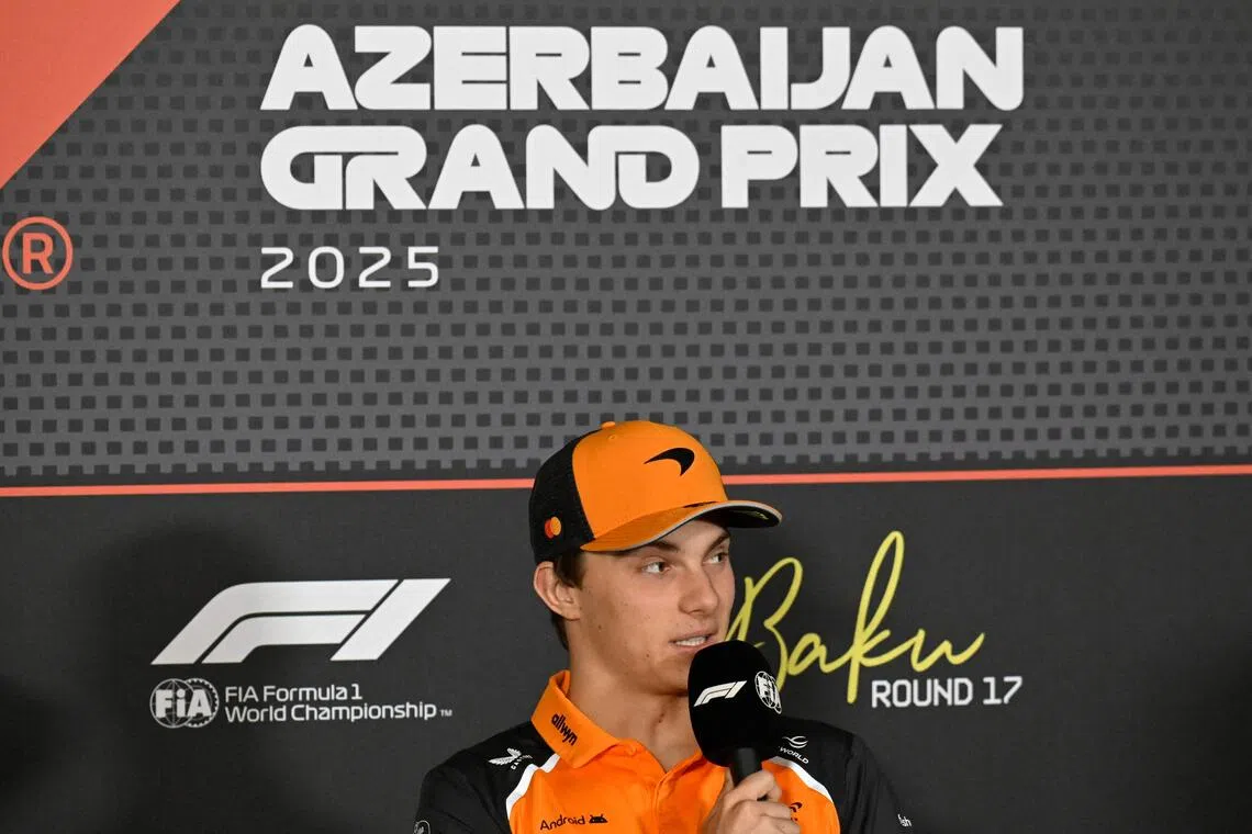 McLaren's Oscar Piastri speaks during a press conference ahead of the Azerbaijan Grand Prix.