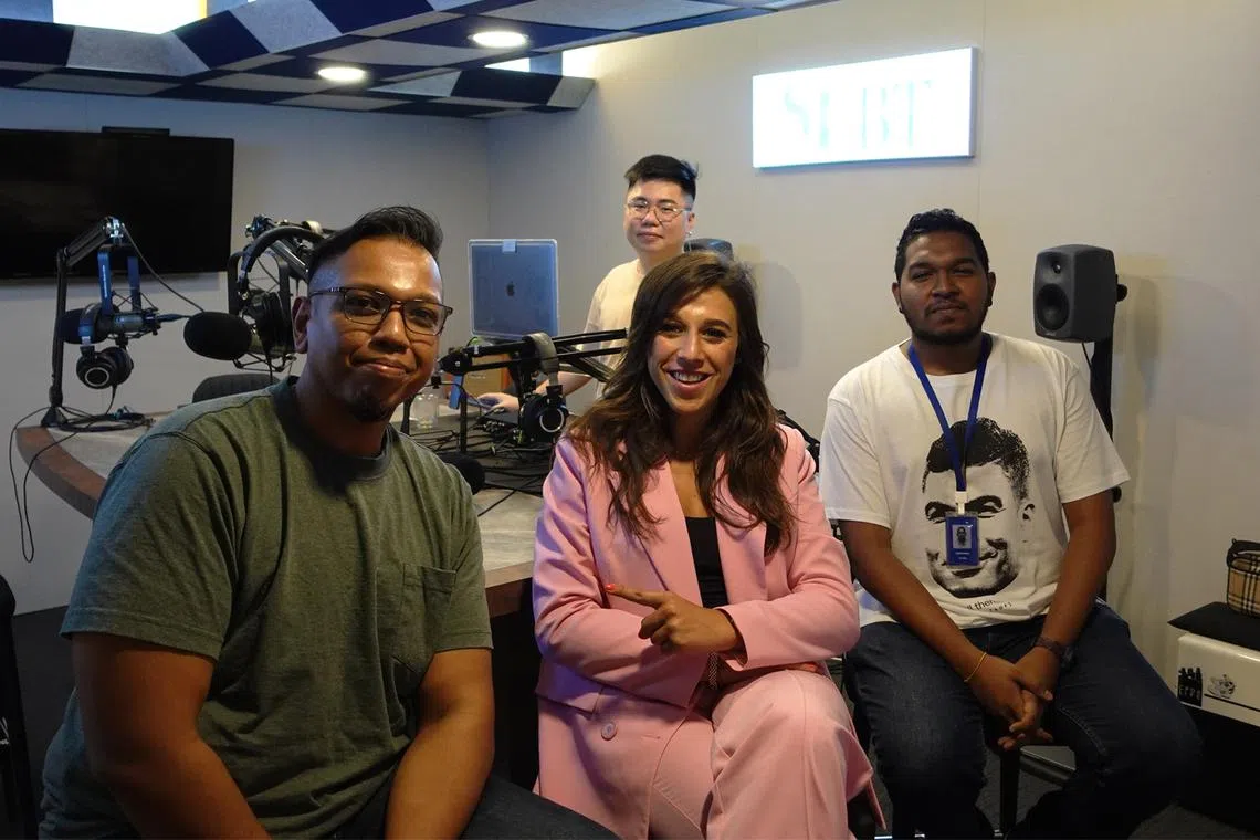 (From left) Assistant editor Sazali Abdul Aziz, podcast producer Eden Soh, mixed martial arts athlete Joanna Jedrzejczyk and sports reporter Deepanraj Ganesan in the podcast studio.