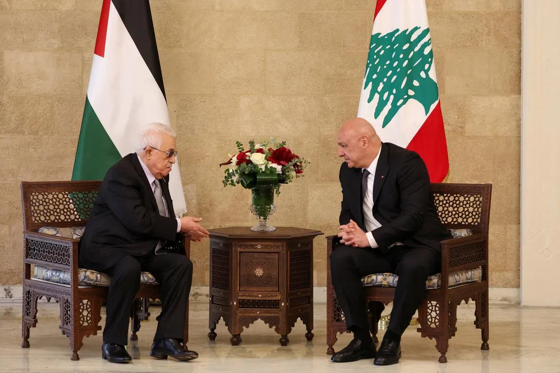 Lebanese President Joseph Aoun meets with Palestinian President Mahmoud Abbas at the presidential palace in Baabda, Lebanon May 21, 2025. REUTERS/Mohamed Azakir/File Photo