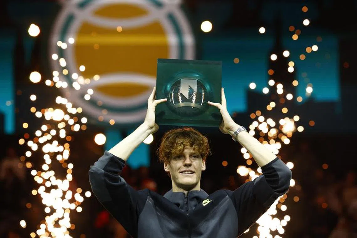 Tennis - ATP 500 - Rotterdam Open - Rotterdam Ahoy, Rotterdam, Netherlands - February 18, 2024 Italy's Jannik Sinner celebrates with the Rotterdam Open trophy after winning the final against Australia's Alex de Minaur REUTERS/Piroschka Van De Wouw