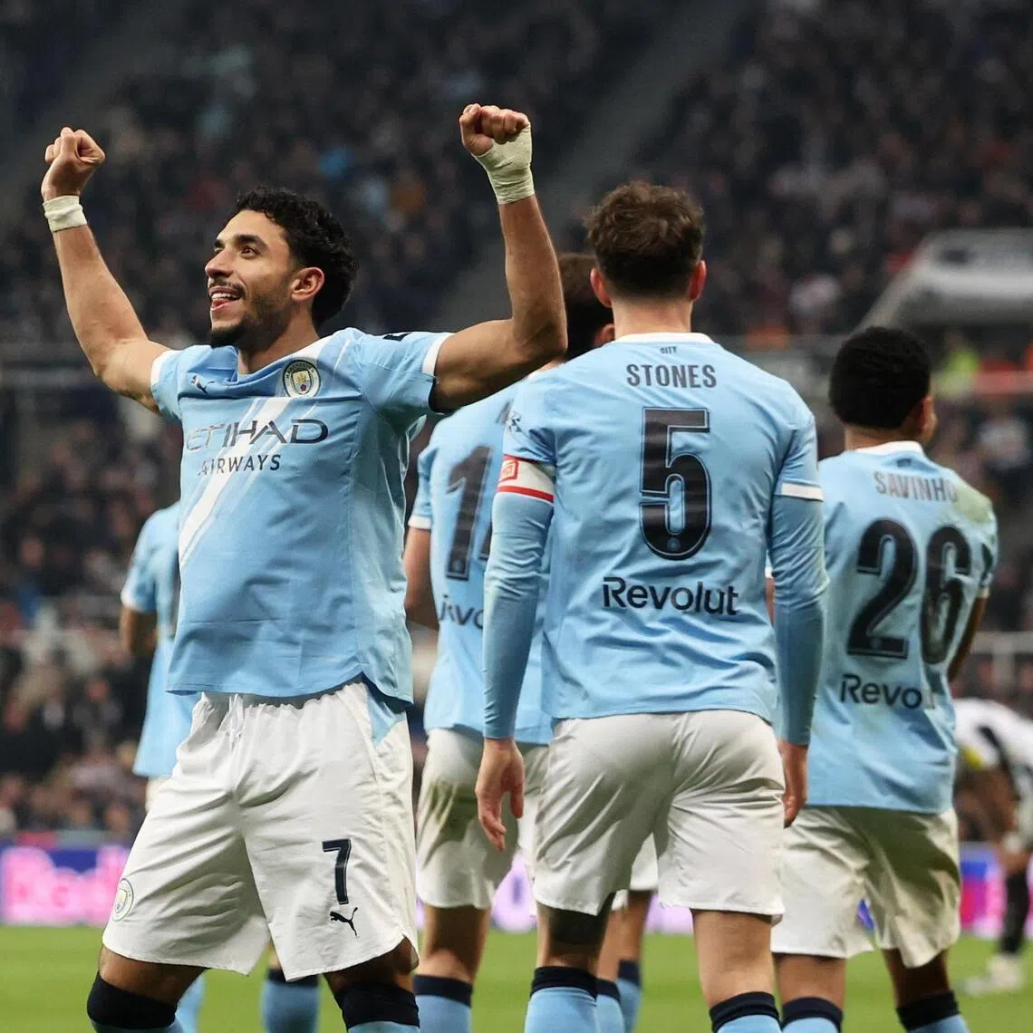 Manchester City's Omar Marmoush celebrates scoring their third goal, his second in the March 7 match against Newcastle United.