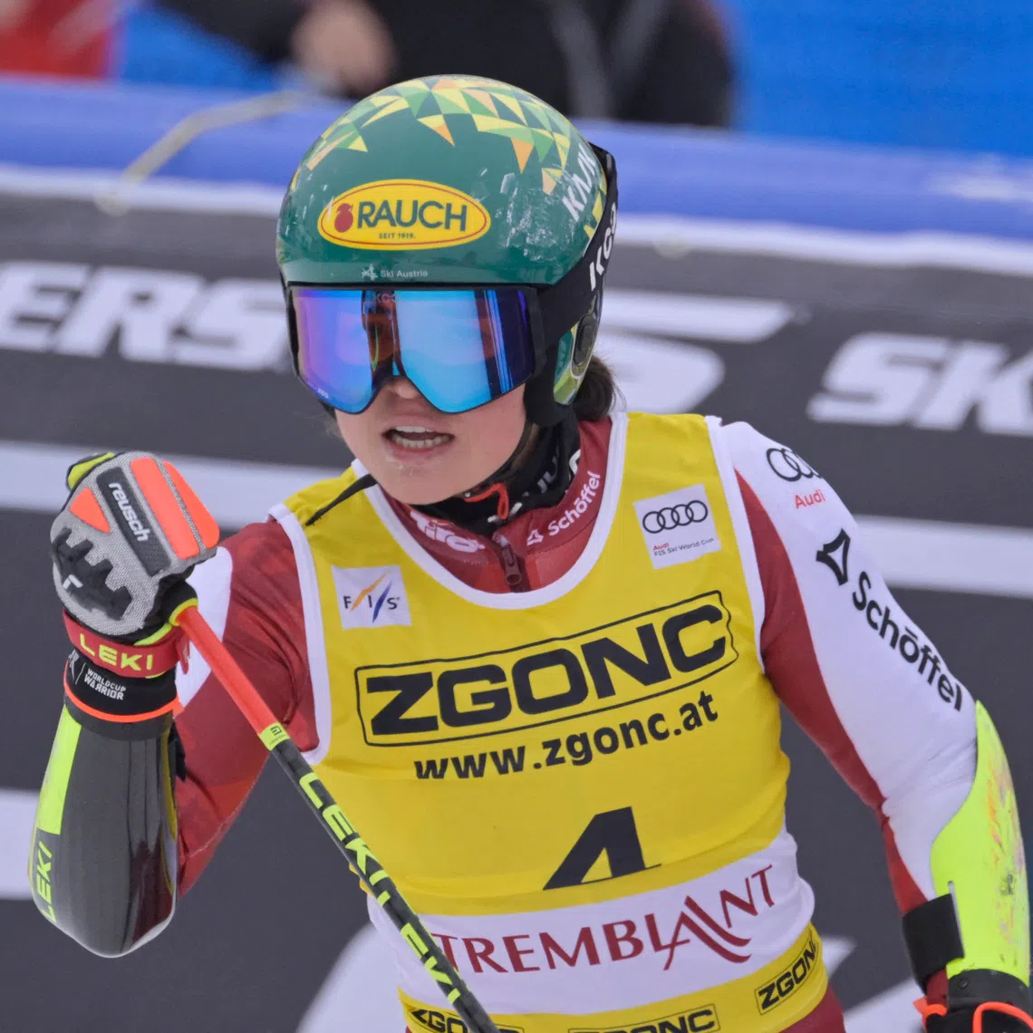 Dec 7, 2025; Mont-Tremblant, Quebec, CANADA; Julia Scheib of Austria reacts during the second run of the women's giant slalom race during the PwC Tremblant alpine skiing World Cup at Mont-Tremblant Ski Resort. Mandatory Credit: Eric Bolte-Imagn Images