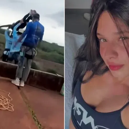 A screengrab off a video shows three men hoisting and throwing 21-year-old student Maria Eduarda Rodrigues de Freitas off a bridge without a safety rope.