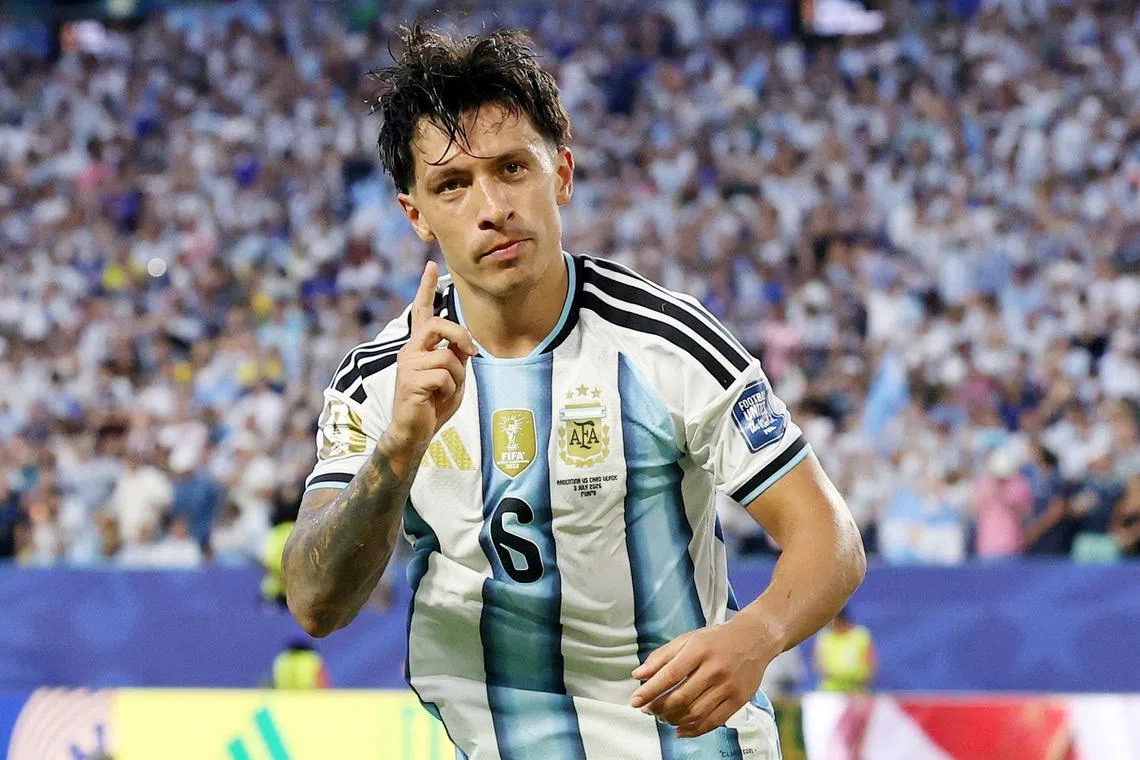 Soccer Football - FIFA World Cup 2026 - Round of 32 - Argentina v Cape Verde - Miami Stadium, Miami Gardens, Florida, U.S. - July 3, 2026 Argentina's Lisandro Martinez celebrates scoring their second goal REUTERS/Amanda Perobelli