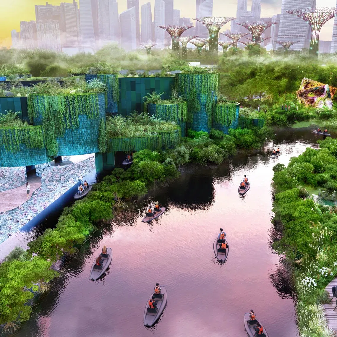 An artist impression of the indoor and outdoor areas of teamLab's upcoming museum in Gardens by the Bay.