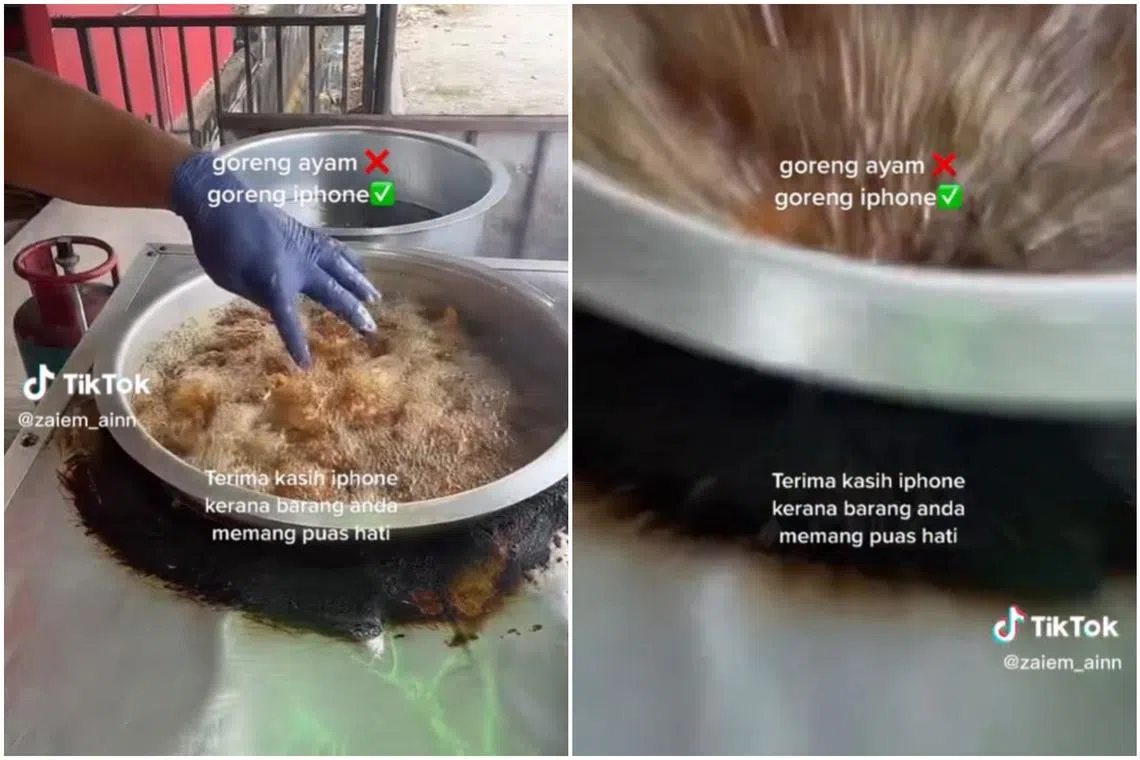 The video showed the man describing how he made his fried chicken, before the phone slipped from his hand into the boiling oil.
