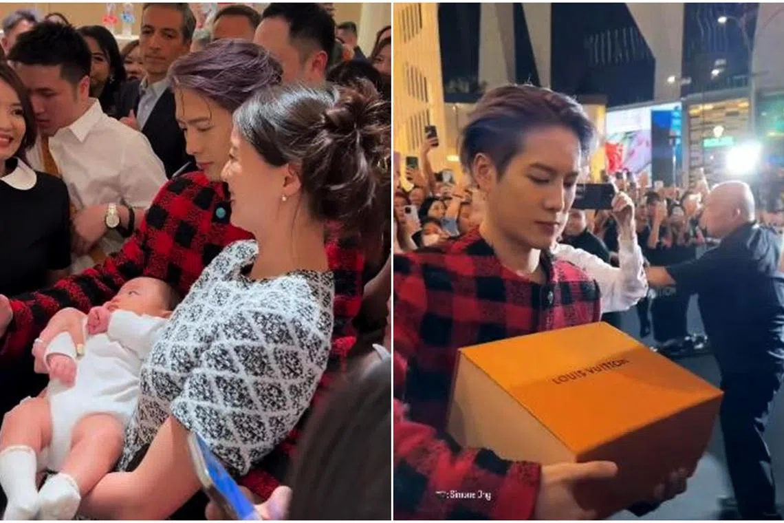 Jackson Wang used his arms to shield a woman and her baby, and presented a couple with an LV Keepall Bandouliere that retails for $3,350. 