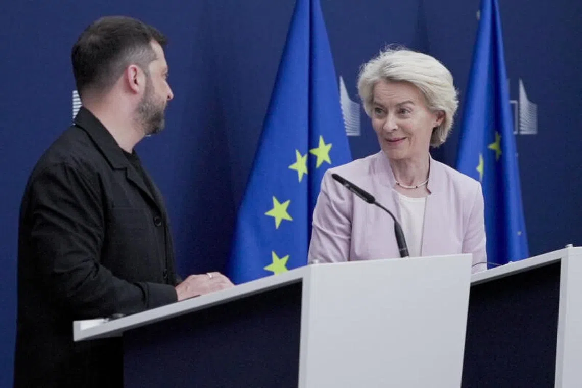 EC President Ursula von der Leyen in a press conference with Ukrainian President Volodymyr Zelensky on Aug 17 in Brussels before they head to Washington, DC.