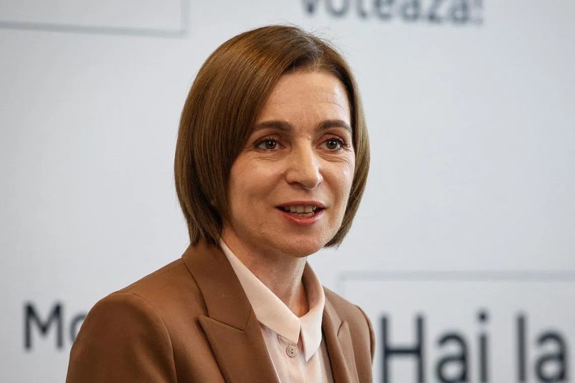 FILE PHOTO: Moldova's incumbent President and presidential candidate Maia Sandu attends a press conference in Chisinau, Moldova November 1, 2024. REUTERS/Vladislav Culiomza/File Photo