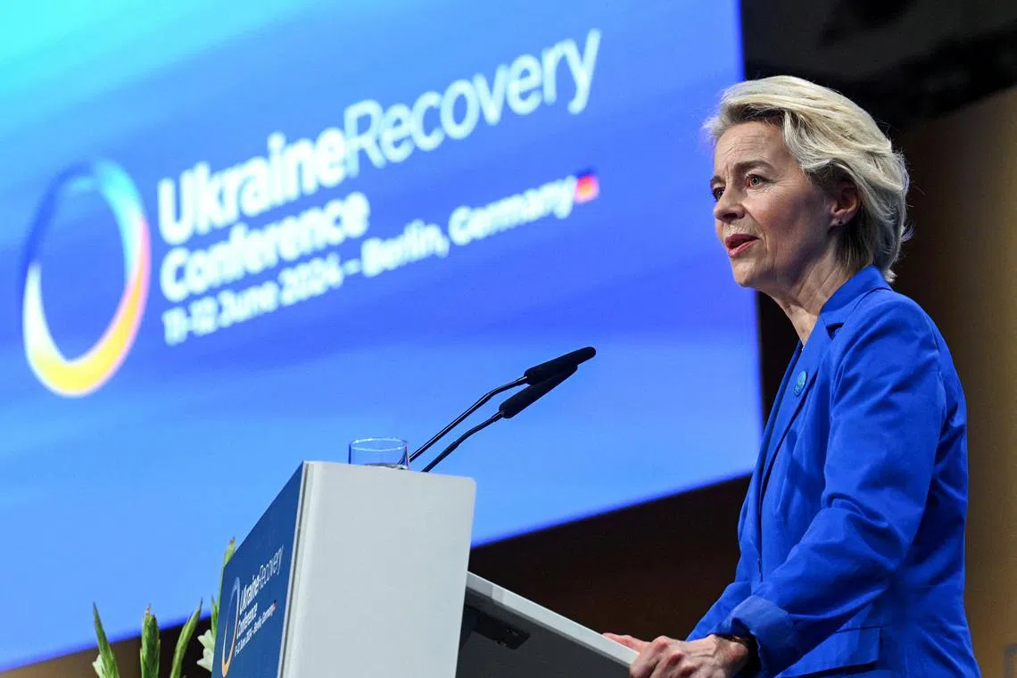 FILE PHOTO: European Commission President Ursula von der Leyen gives a speech at the Ukraine Recovery Conference in Berlin, Germany, June 11, 2024. REUTERS/Annegret Hilse/File Photo