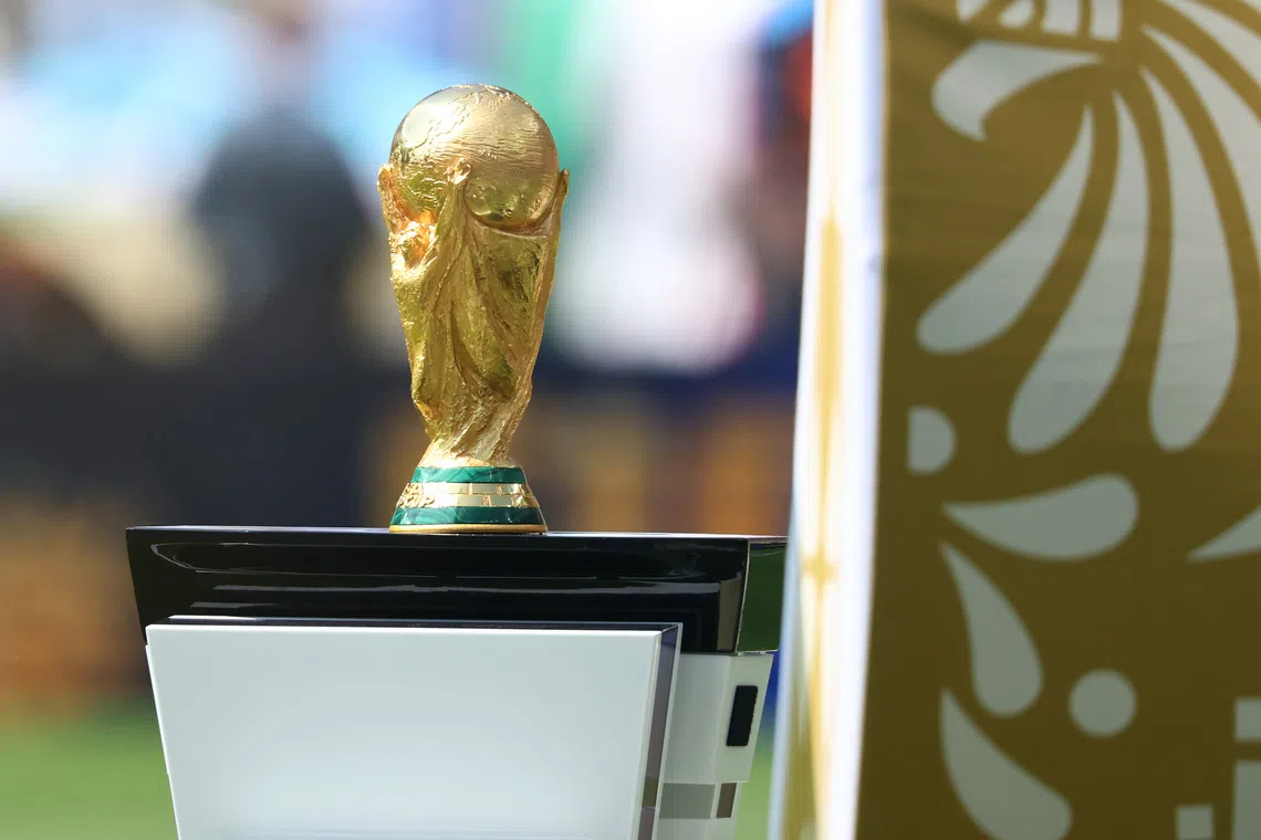 The World Cup Trophy on display inside New York New Jersey Stadium ahead of the 2026 FIFA World Cup final between Spain and Argentina.