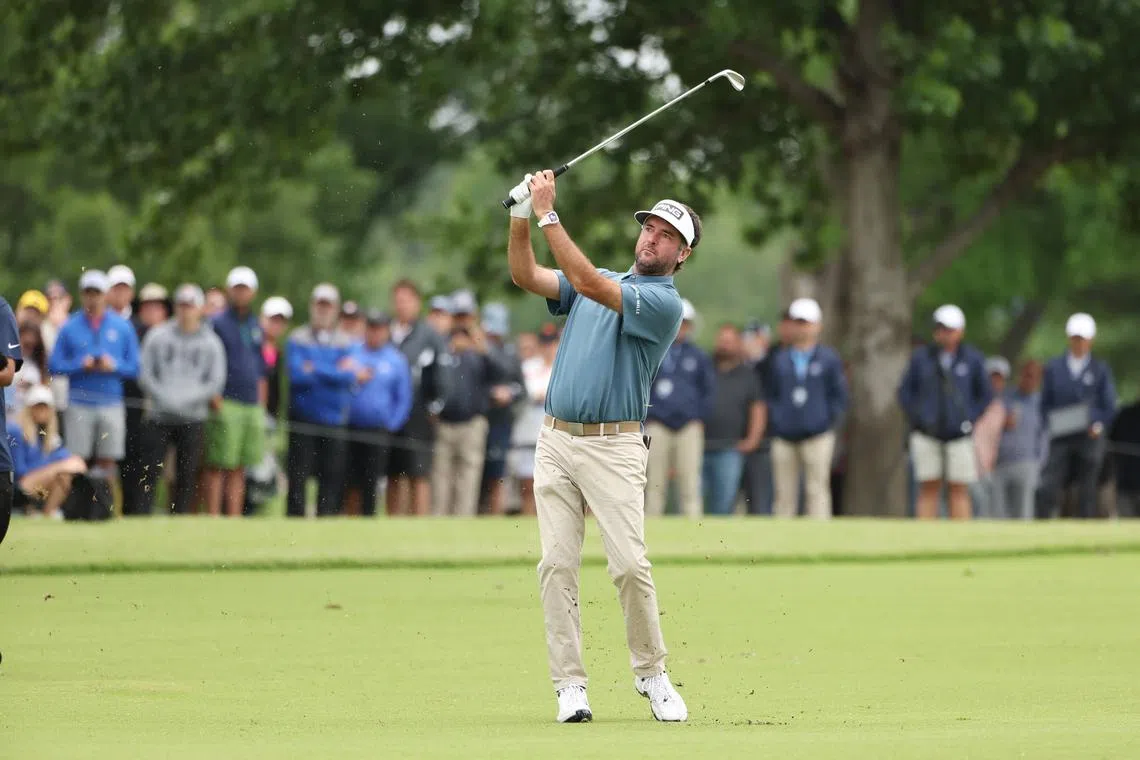 Bubba Watson of the United States plays a second shot on the first hole during the final round of the 2022 PGA Championship at Southern Hills Country Club on May 22, 2022.