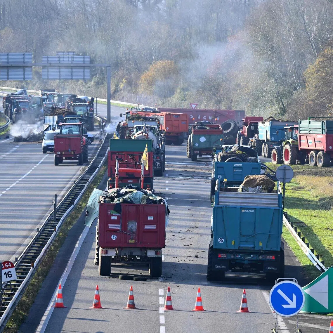 Tractors blocking a motorway in southwestern France on Dec 13, as farmers protest over what they see as the heavy-handed culling of cows over lumpy skin disease. 