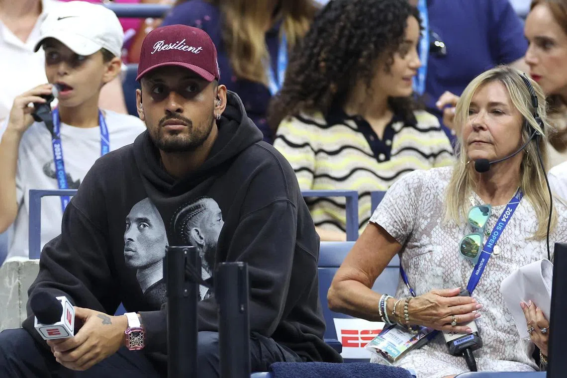 Nick Kyrgios during the 2024 US Open, where he was working as a commentator for ESPN while recovering from his injuries.