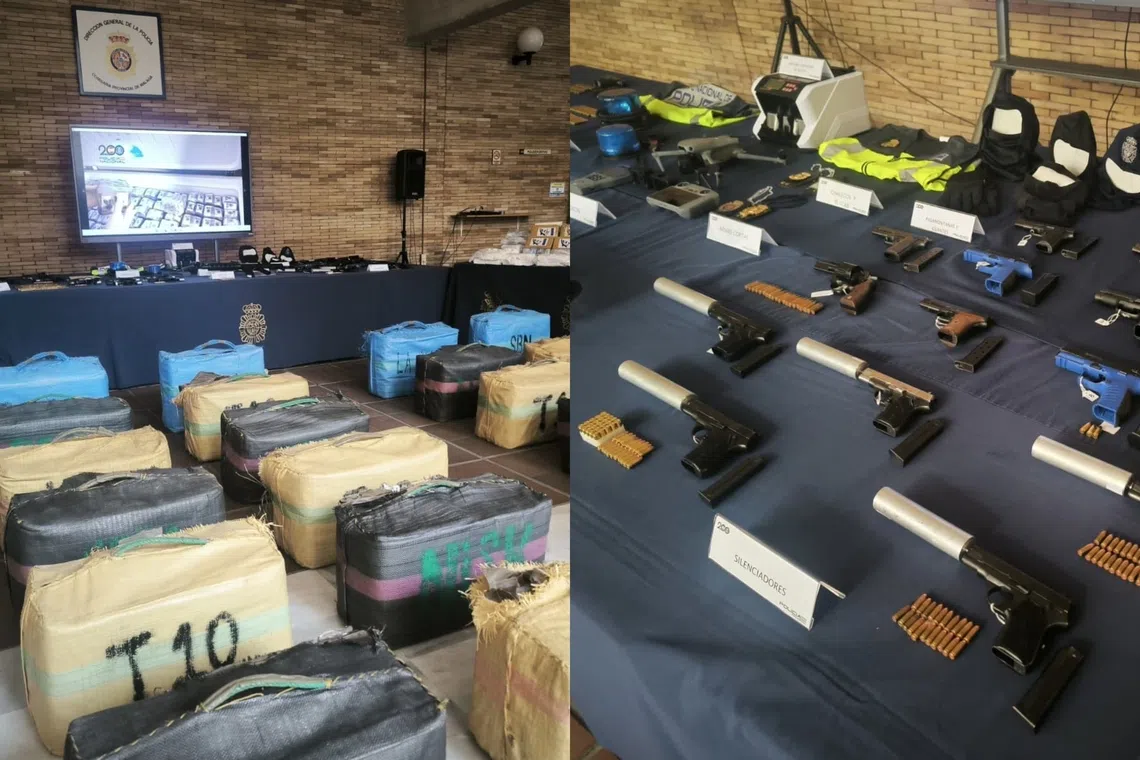 Police seized 8,984 kilos of narcotics (left), along with 37 firearms and ammunition, during their raids on seven criminal organisations in Spain's Costa del Sol region.