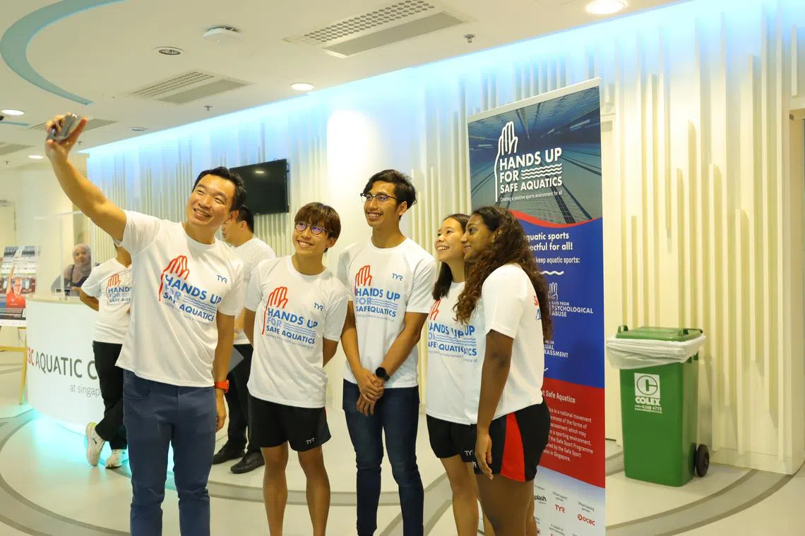 (From left) Mr Eric Chua, Senior Parliamentary Secretary, Ministry of Culture, Community and Youth; national diver Max Lee; swimmer Ardi Zulhilmi Azman, artistic swimmer Vivien Tai and water polo player Mounisha Devi Manivannan at the launch of the Hands Up for Safe Aquatics Campaign.