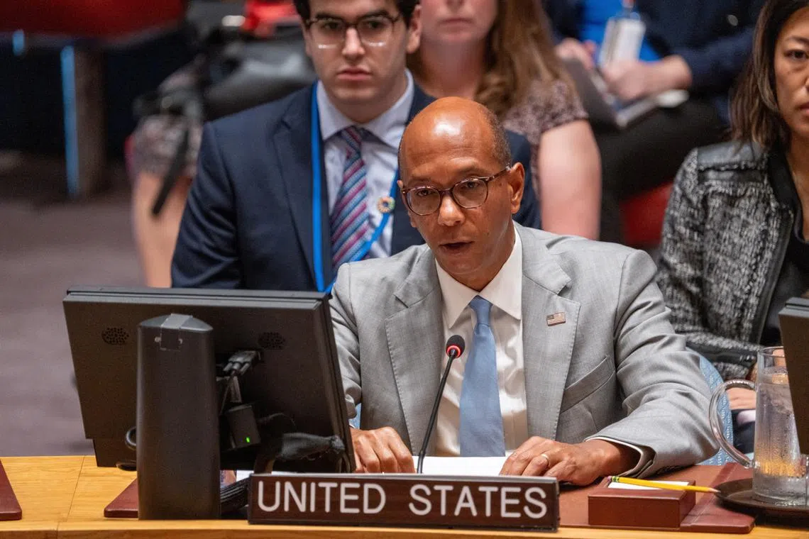 FILE PHOTO: U.S. Deputy Ambassador to the United Nations Robert Wood speaks during a United Nations Security Council meeting about the ongoing cross-border hostilities between Hezbollah and Israeli forces, at the U.N. headquarters in New York City, U.S., August 28, 2024. REUTERS/David 'Dee' Delgado/File Photo