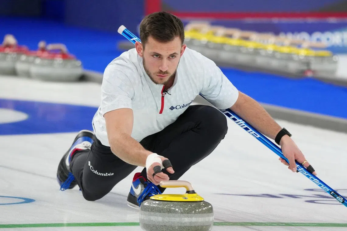 Feb 9, 2026; Cortina d'Ampezzo, Italy; Korey Dropkin of Team United States during a curling semifinal match during the Milano Cortina 2026 Olympic Winter Games at Cortina Curling Olympic Stadium. Mandatory Credit: Eric Bolte-Imagn Images