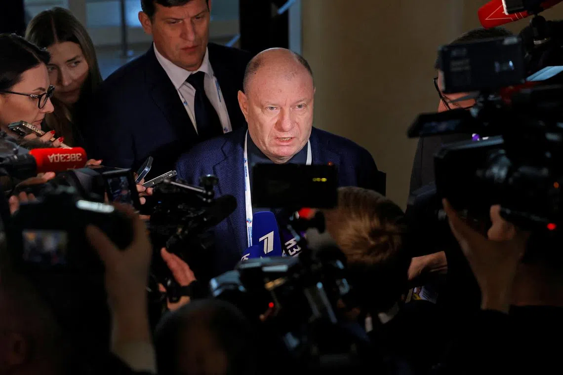 FILE PHOTO: Vladimir Potanin, CEO and largest shareholder of Nornickel, speaks to journalists during the Congress of the Russian Union of Industrialists and Entrepreneurs in Moscow, Russia March 18, 2025. REUTERS/Maxim Shemetov/File Photo