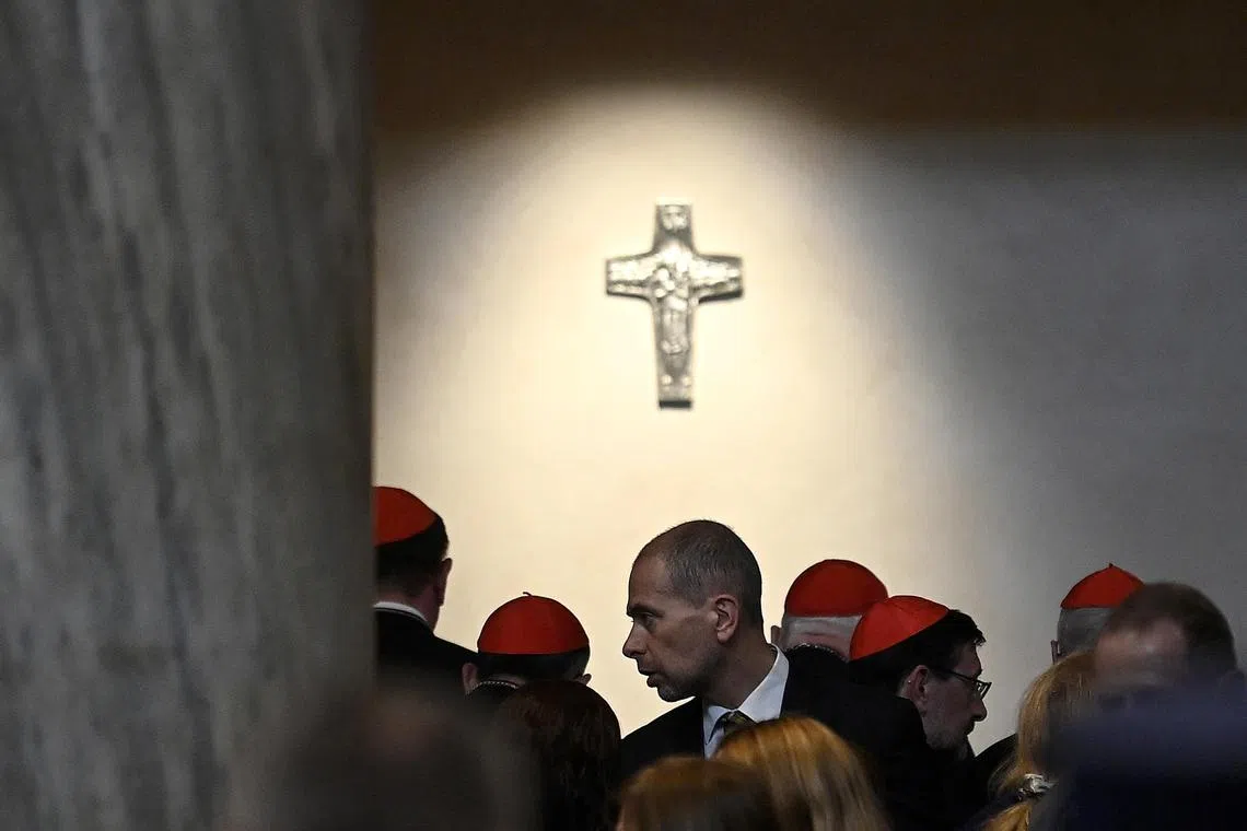 Cardinals visit the tomb of late Pope Francis in the Papal Basilica of Saint Mary Major in Rome on April 27.