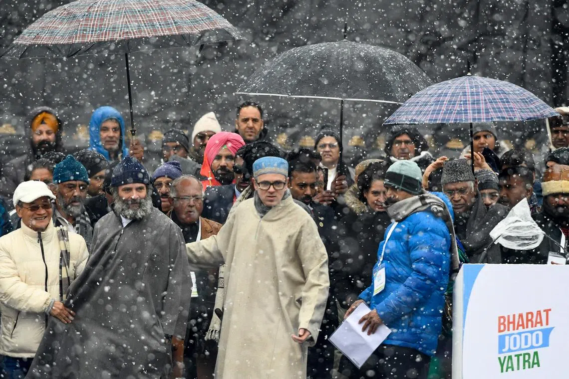 Mr Rahul Gandhi (left) at the end of his 135-day march to rekindle support for India's once-dominant Congress party.