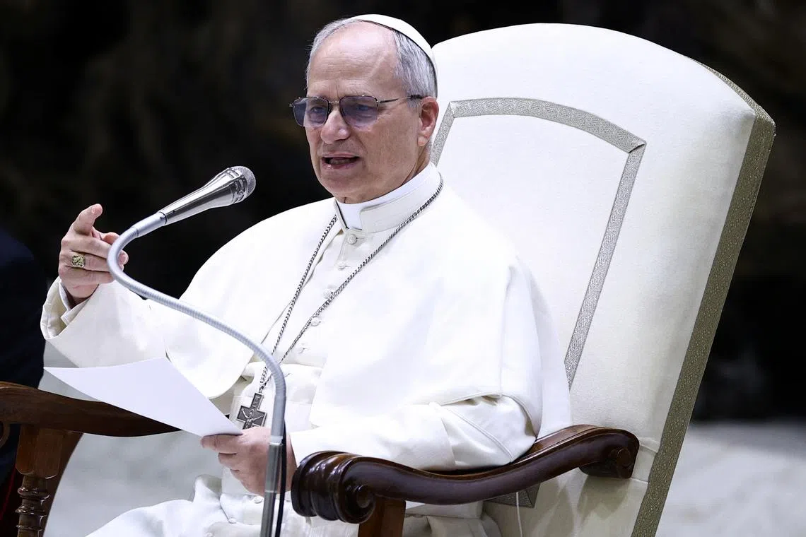 Pope Leo XIV holds an audience with representatives of the media in Paul VI hall at the Vatican, May 12, 2025. REUTERS/Guglielmo Mangiapane