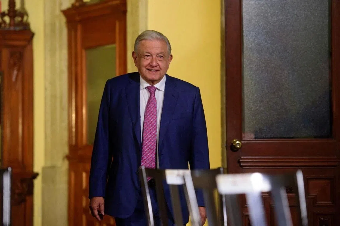 Mexico's President Andres Manuel Lopez Obrador arrives to his regular press conference at the National Palace, in Mexico City, Mexico July 22, 2024. Mexico Presidency/Handout via REUTERS/File Photo