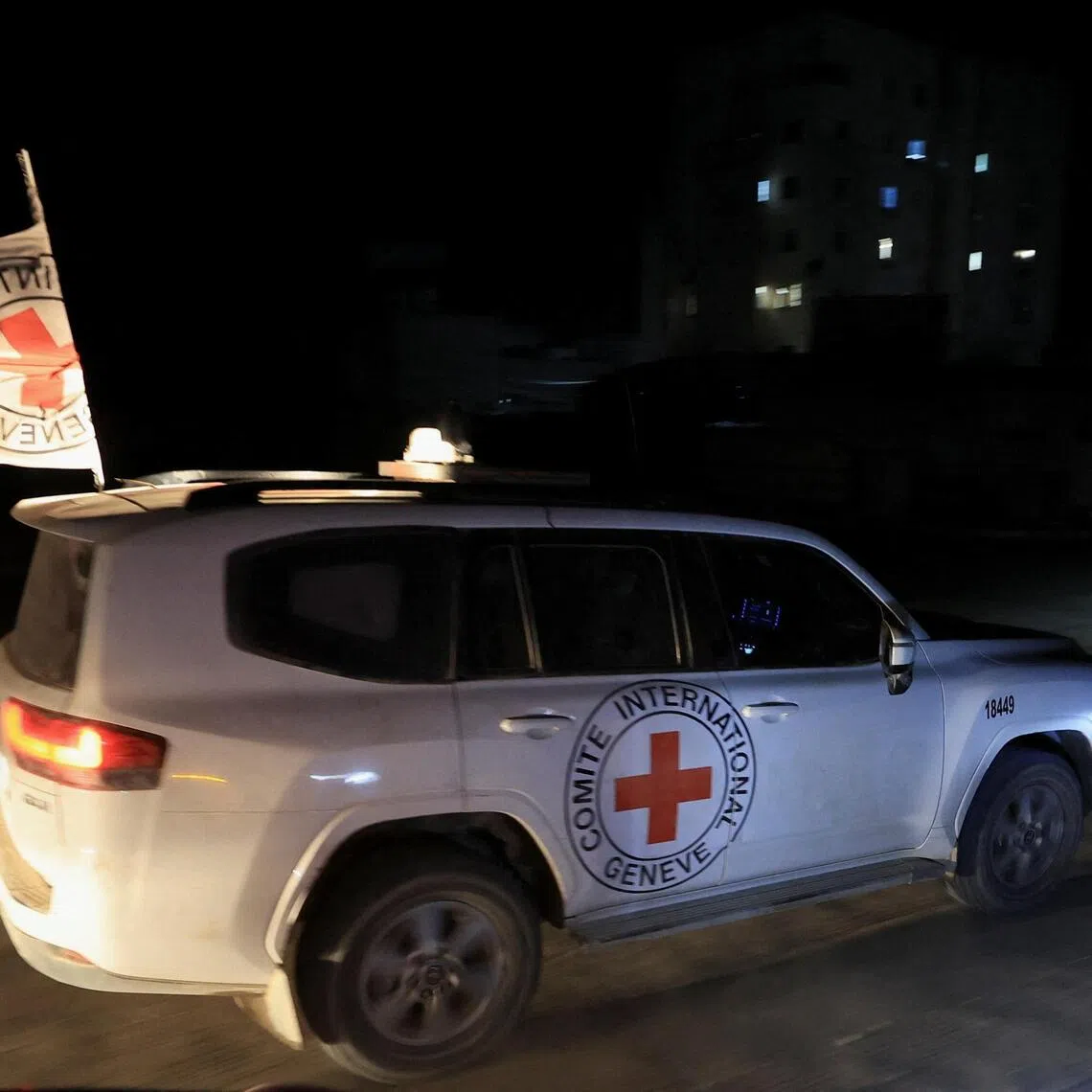 A Red Cross vehicle in Gaza City transporting the body of a deceased hostage on Oct 27.