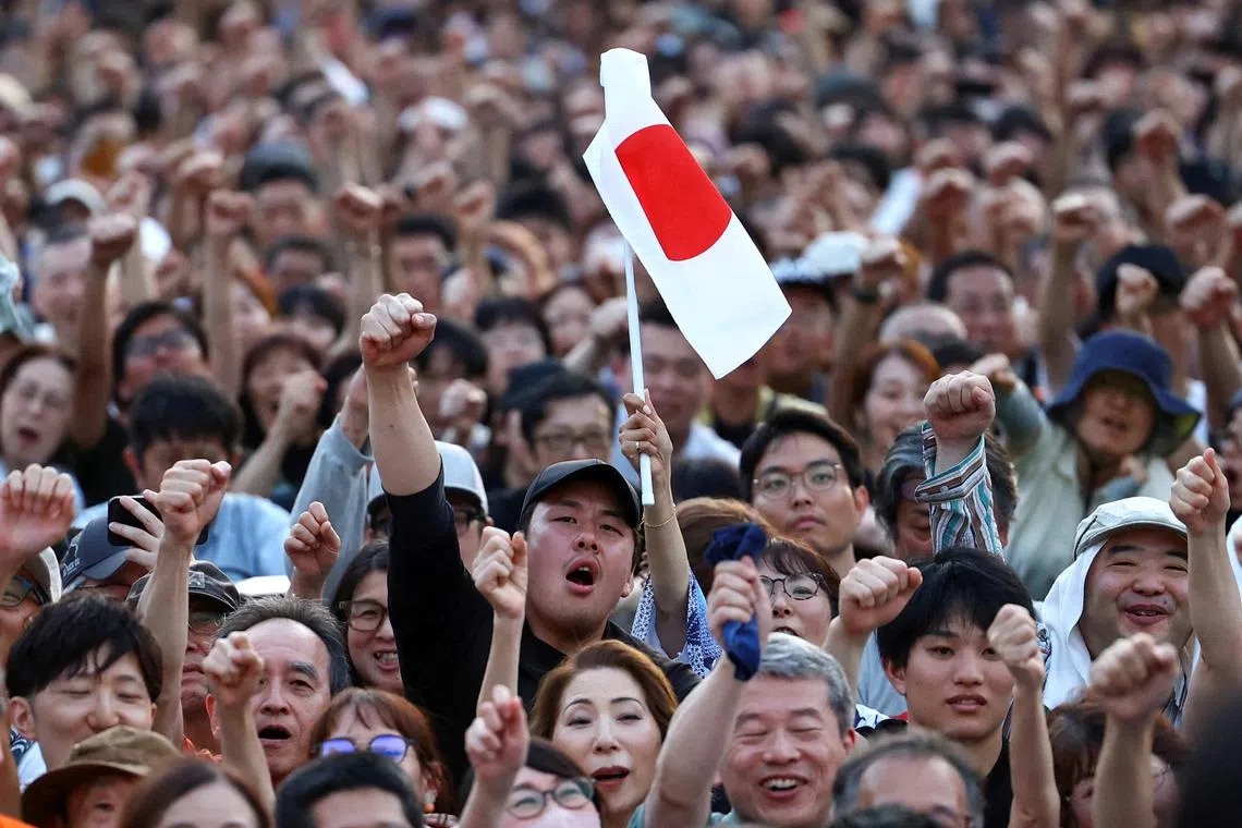 Supporters of Japan's rightwing populist Sanseito party at an election rally in Tokyo in July.