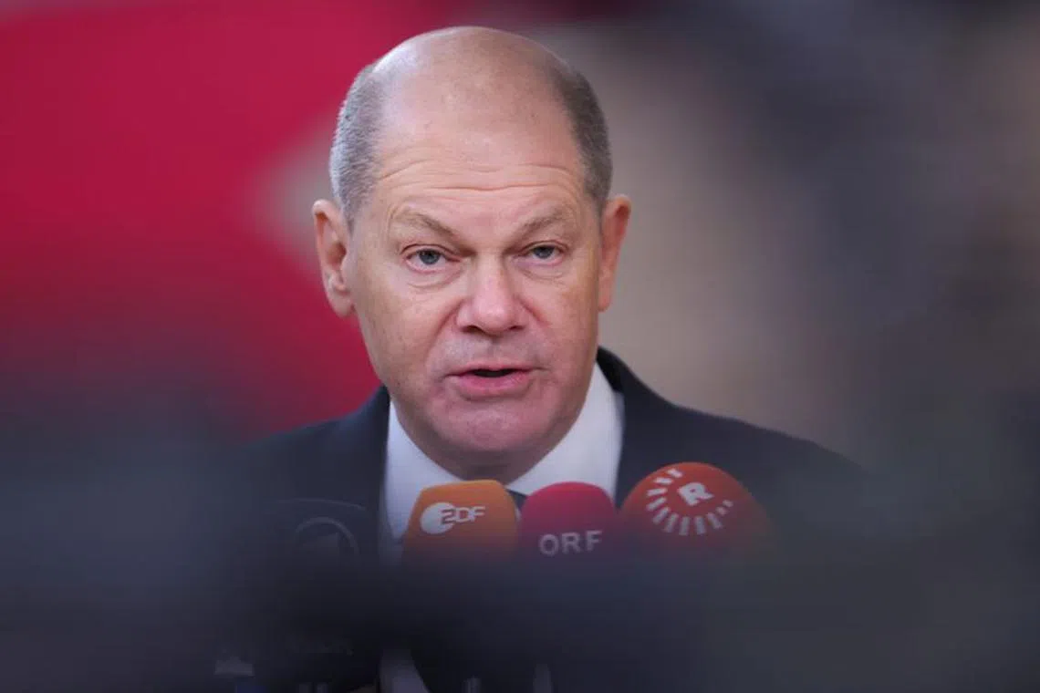 German Chancellor Olaf Scholz speaks to the press as he attends a European Union summit in Brussels, Belgium February 1, 2024. REUTERS/Johanna Geron/ File photo