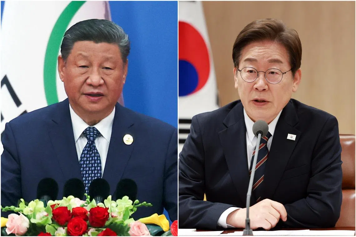 In their first phone call since Mr Lee Jae-myung (right) took office last week, Mr Xi Jinping (left) said healthy and stable China-South Korea relations were conducive to regional and world peace and stability.