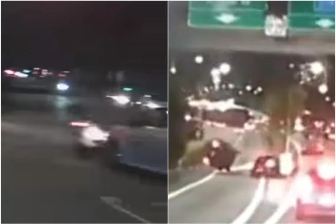 In one accident, a motorcycle is seen clipping a silver sedan (left). In the second, a dark sedan is seen crossing a road chevron before colliding with a multipurpose vehicle.