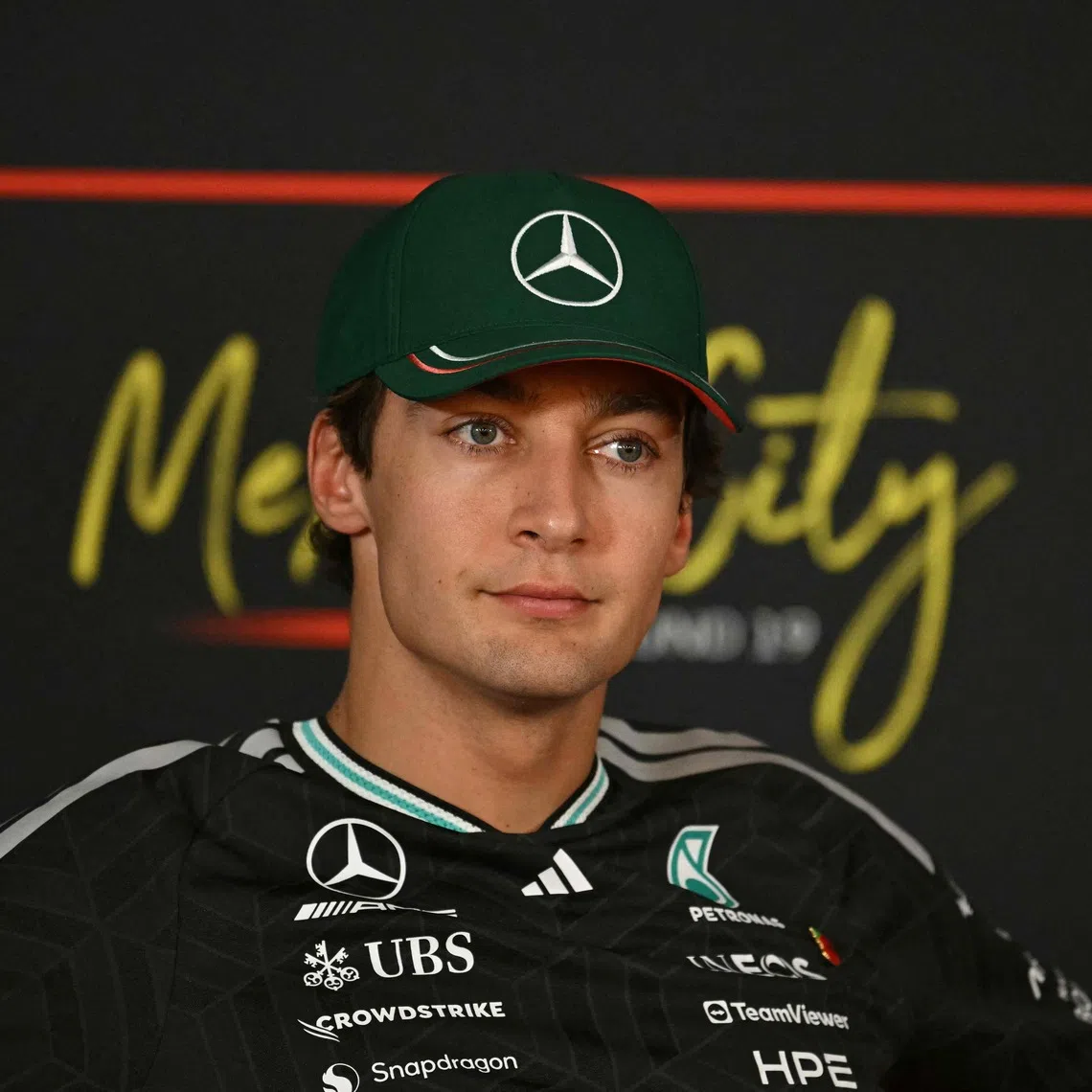 Mercedes' British F1 driver George Russell gestures during the official Formula One Press conference at the Hermanos Rodriguez racetrack in Mexico City on Oct 29.