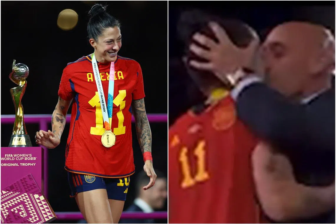 Many were jolted by an impromptu kiss planted on Spanish forward Jennifer Hermoso (left) by the president of Spain’s football federation, Luis Rubiales.
