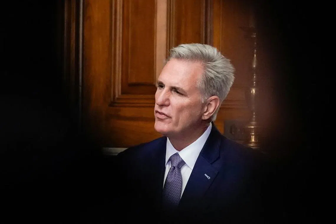 U.S. House Speaker Kevin McCarthy (R-CA) speaks to reporters in the U.S. Capitol after the House of Representatives passed a stopgap government funding bill to avert an immediate government shutdown, on Capitol Hill in Washington, U.S. September 30, 2023.  REUTERS/ Ken Cedeno
