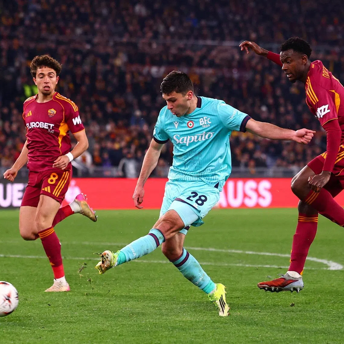Soccer Football - UEFA Europa League - Round of 16 - Second Leg - AS Roma v Bologna - Stadio Olimpico, Rome, Italy - March 19, 2026 Bologna's Nicolo Cambiaghi scores their fourth goal REUTERS/Guglielmo Mangiapane