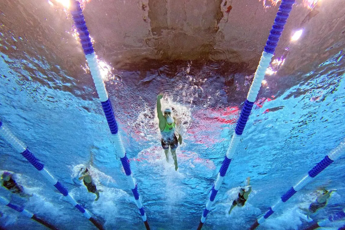 INDIANAPOLIS, INDIANA - JUNE 27: Katie Ledecky competes in the Women's 800 Meter Freestyle Final on day one of the Phillips 66 National Championships at Indiana University Natatorium on June 27, 2023 in Indianapolis, Indiana.   Sarah Stier/Getty Images/AFP (Photo by Sarah Stier / GETTY IMAGES NORTH AMERICA / Getty Images via AFP)
