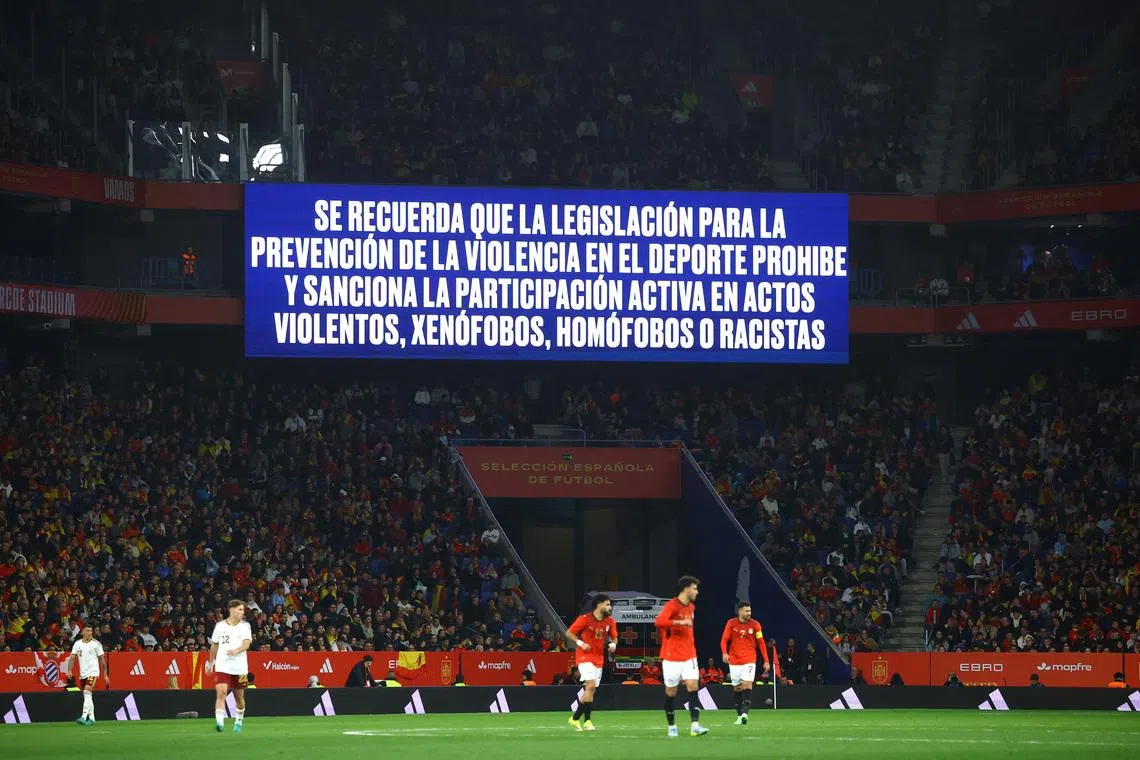 Soccer Football - International Friendly - Spain v Egypt - RCDE Stadium, Cornella de Llobregat, Spain - March 31, 2026 A big screen displays a anti discrimination message inside the stadium during the match REUTERS/Albert Gea