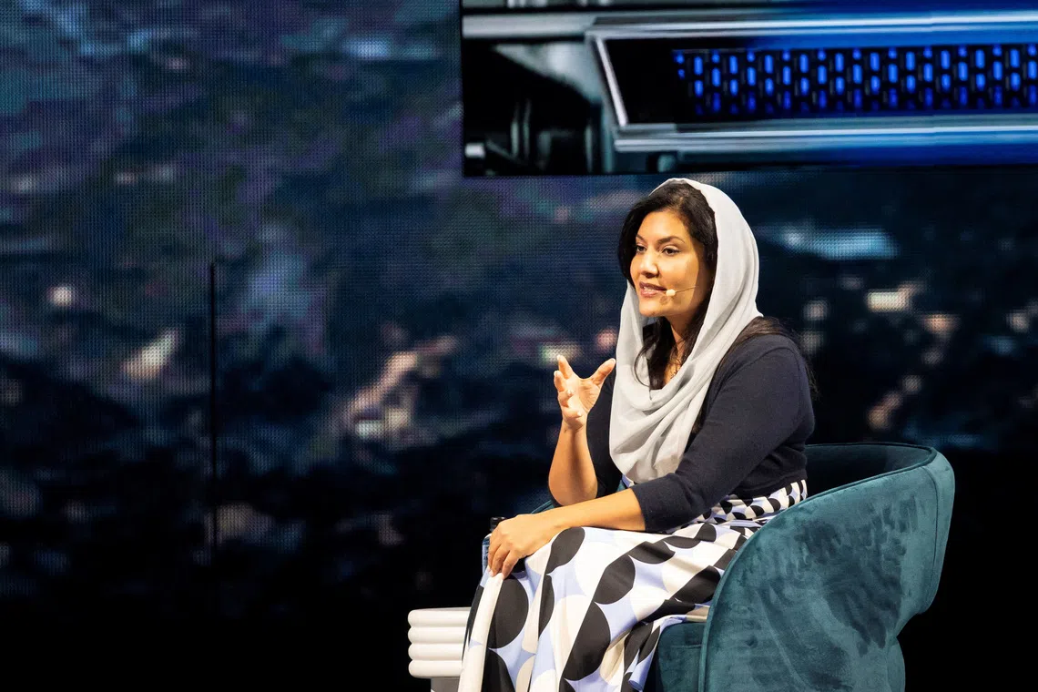 Princess Reema bint Bandar Al-Saud, Saudi Arabian ambassador to the United States, speaks during the America Business Forum at Kaseya Center in Miami, Florida, U.S. November 5, 2025. REUTERS/Marco Bello
