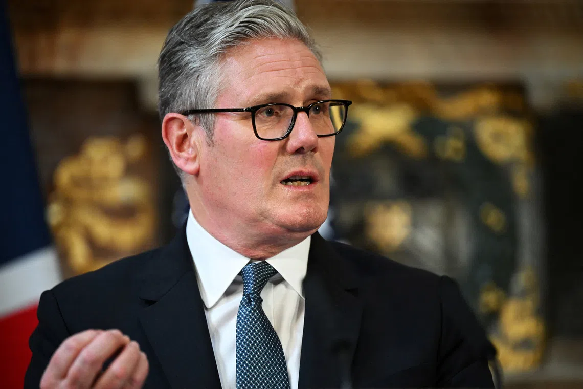 FILE PHOTO: UK Prime Minister Keir Starmer talks at a press conference at Chequers at the conclusion of a state visit by U.S. President Donald Trump, on September 18, 2025 in Aylesbury, England.  Leon Neal/Pool via REUTERS/ File Photo