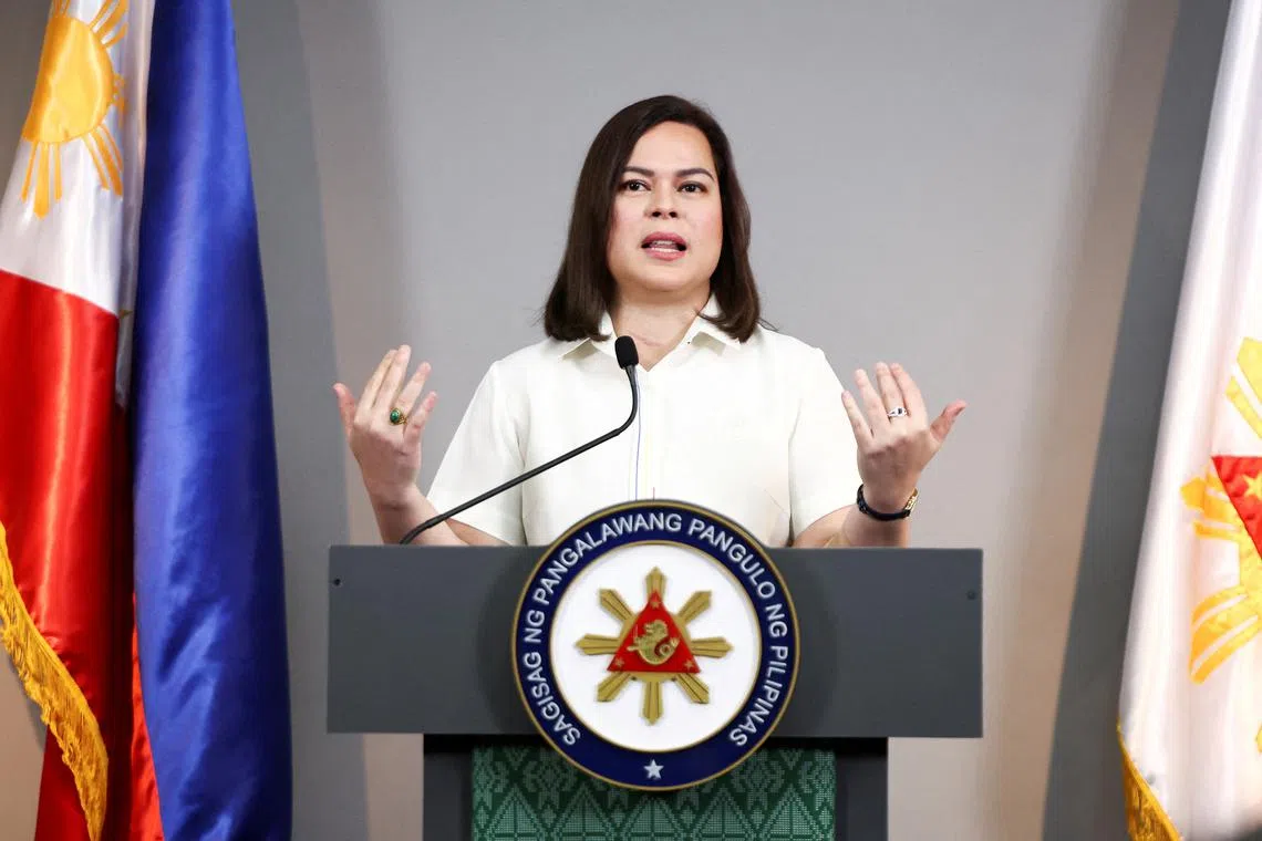 FILE PHOTO: Philippine Vice President Sara Duterte delivers a statement following her impeachment by the lower house of the Congress, in her office at Mandaluyong City, Metro Manila, Philippines, February 7, 2025. REUTERS/Eloisa Lopez/File Photo