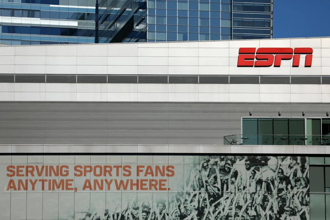 FILE PHOTO: ESPN logo and building are shown in down town Los Angeles, California, U.S., March 6, 2017.    REUTERS/Mike Blake/File Photo