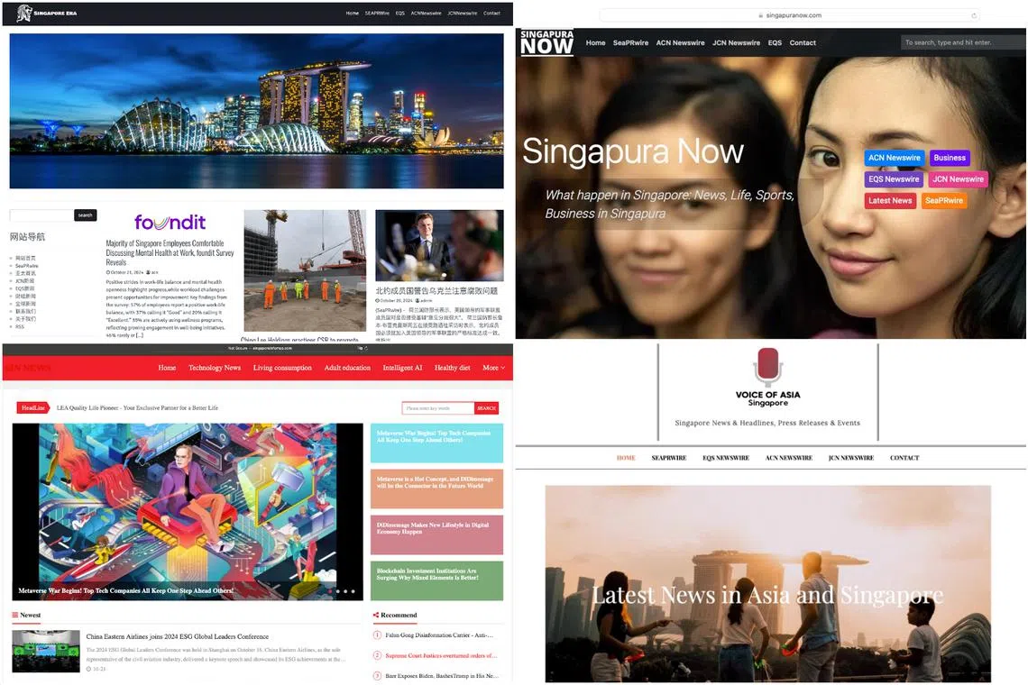 The 10 banned websites include (clockwise from top left) Singaporeera.com, Singapuranow.com, Voasg.com and Singaporeinfomap.com.