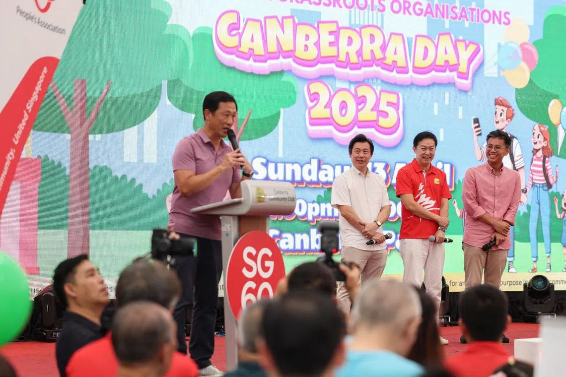 (From left) Health Minister Ong Ye Kung with Mr Gabriel Lam,  Dr Lim Wee Kiak and Mr Ng Shi Xuan during Canberra Day at Canberra Park on April 13.