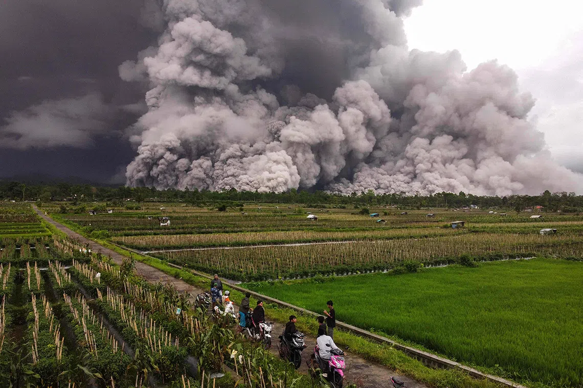An aerial picture shows a pyroclastic flow during the eruption of Mount Semeru in Lumajang, East Java, on November 19, 2025. (Photo by Agus Harianto / AFP)
