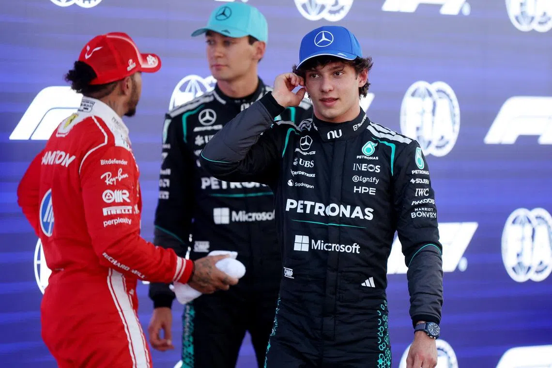 Formula One F1 - Barcelona-Catalunya Grand Prix - Circuit de Barcelona-Catalunya, Barcelona, Spain - June 13, 2026 Third placed Mercedes' Andrea Kimi Antonelli reacts after qualifying REUTERS/Bruna Casas