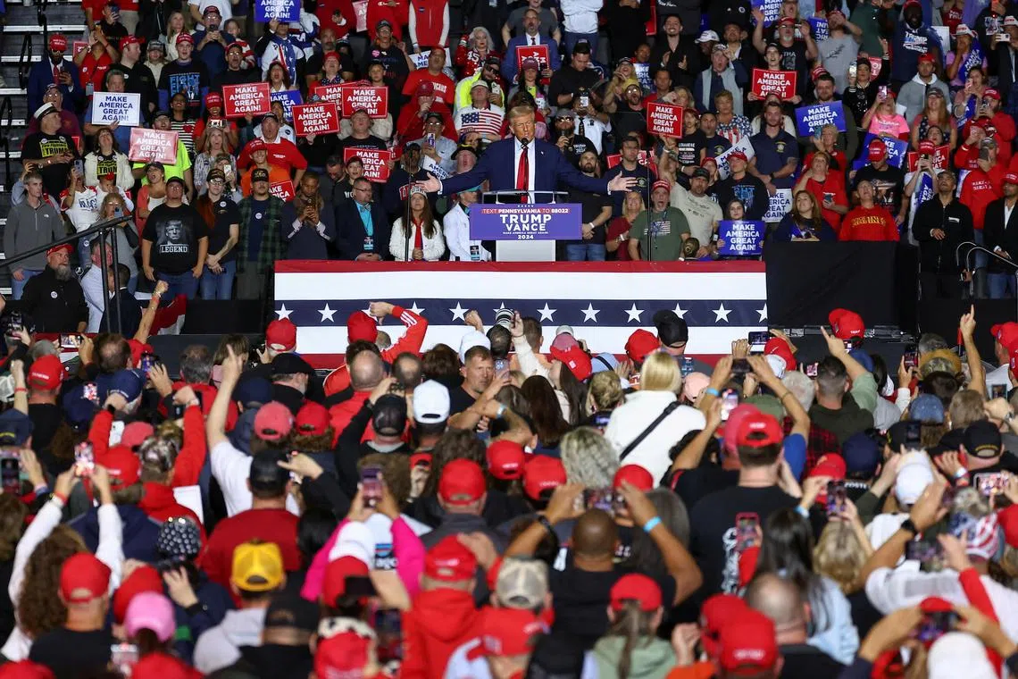 Republican presidential nominee and former US President Donald Trump speaks at a rally at the PPL Center in Allentown, Pennsylvania, on Oct 29, 2024. 