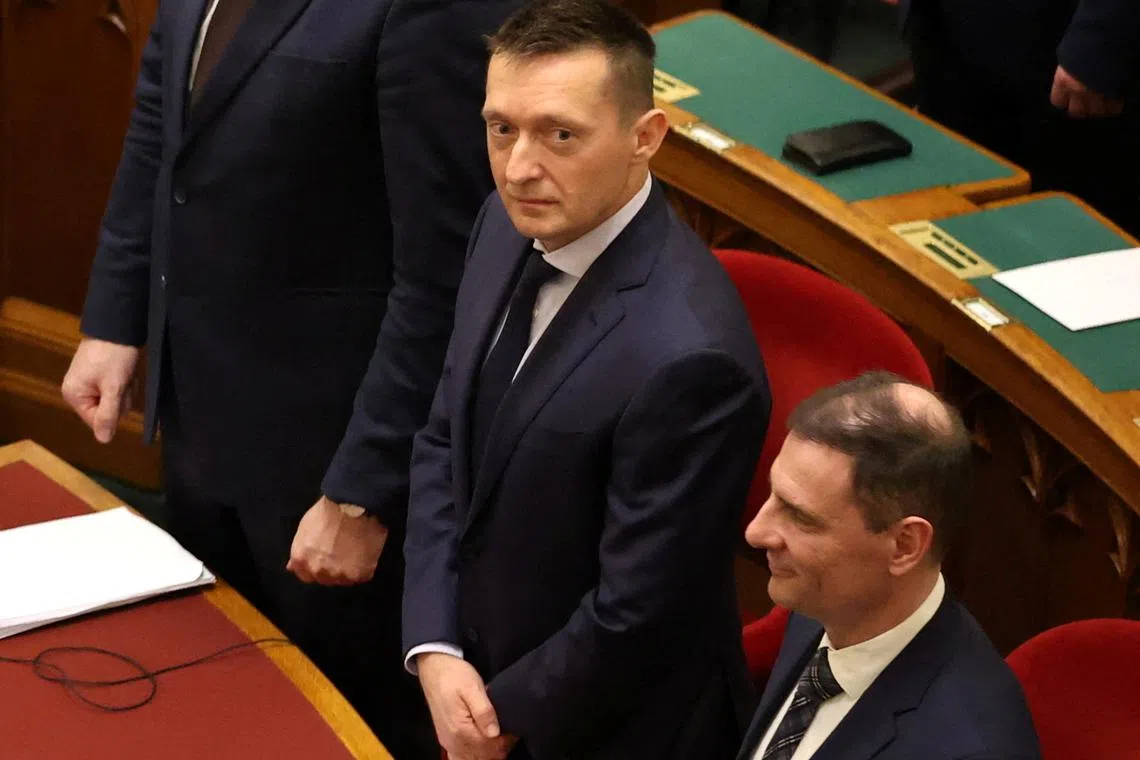 FILE PHOTO: Antal Rogan, Cabinet Chief Minister is seen as the newly elected Hungarian President Tamas Sulyos takes his oath in the parliament building in Budapest, Hungary, February 26, 2024. REUTERS/Bernadett Szabo/File Photo