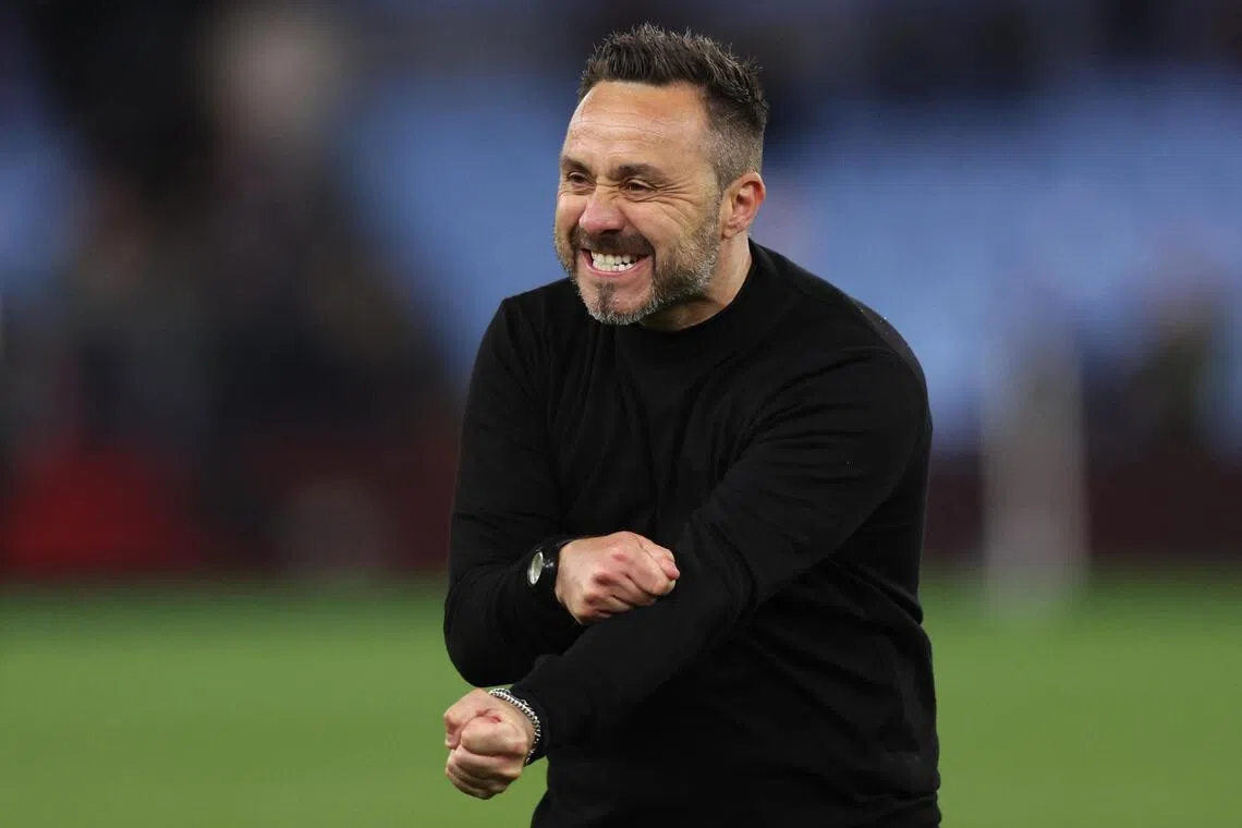 Tottenham Hotspur manager Roberto de Zerbi celebrating after the 2-1 English Premier League win at Aston Villa at Villa Park on May 3, 2026.